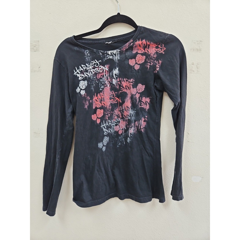 Harley Davidson New Smyrna Beach Long Sleeve Graphic Tee Roses Style Black Small